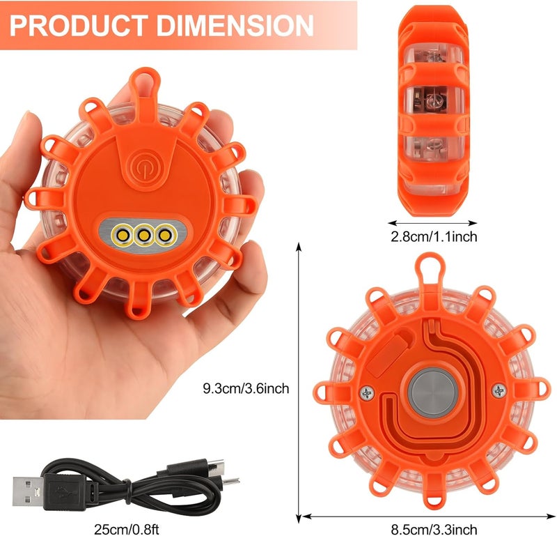 AK LED Road Flares Rechargeable Safety Flashing Warning Light Roadside Emergency Disc Beacon Kit for Vehicles Boats with Magnetic Base & Hook & USB Charging Cables (1 Pack) - Image 2